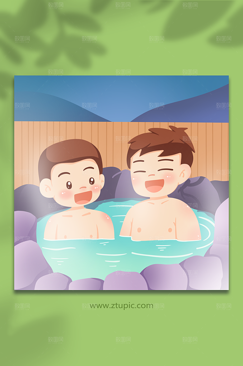 卡通享受冬季泡温泉人物插画