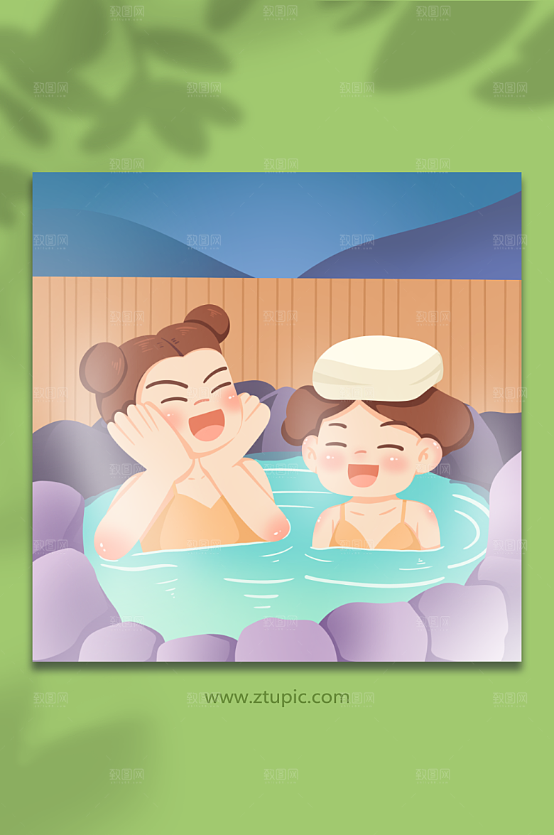 手绘养颜冬季泡温泉人物插画