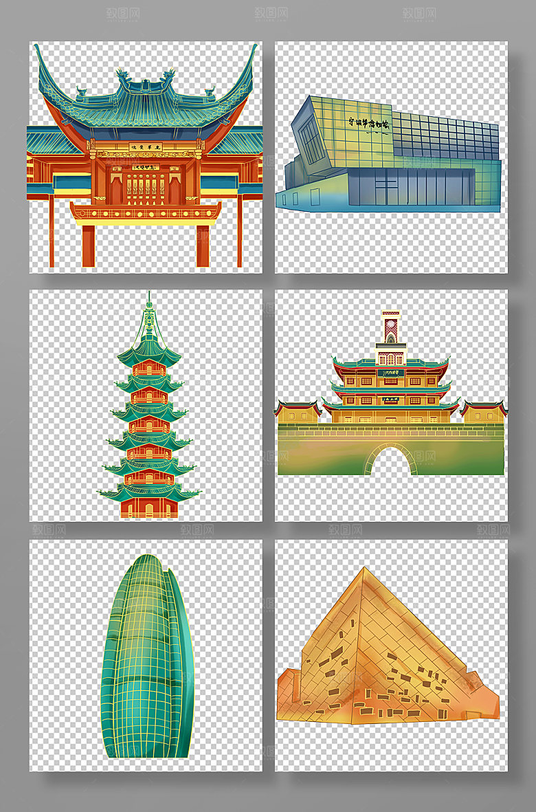 矢量宁波建筑插画合集元素