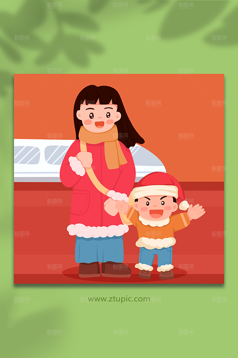 扁平动车站母子春运人物插画素材