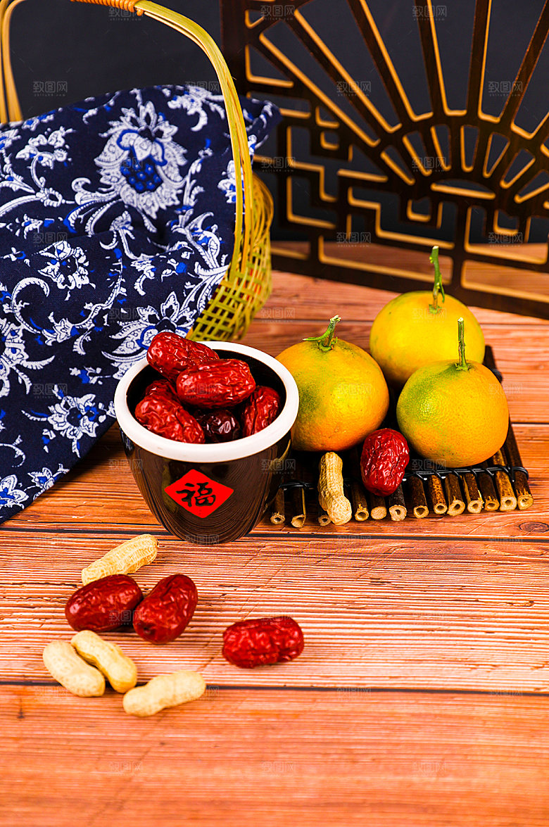 橙子茶具大枣春节背景摄影图片