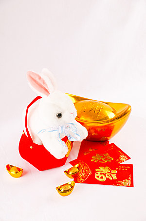 新年兔子红包金元宝摄影图片