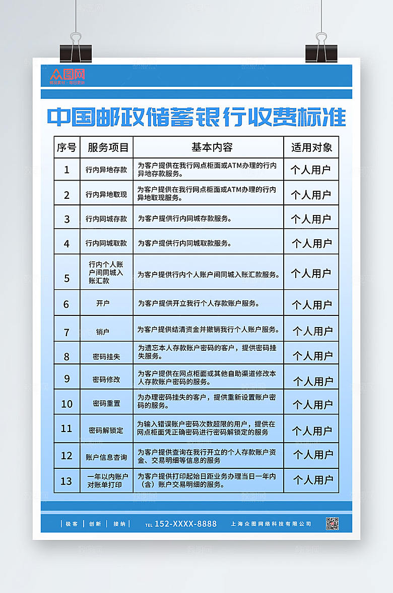 简约中国邮政收费项目海报
