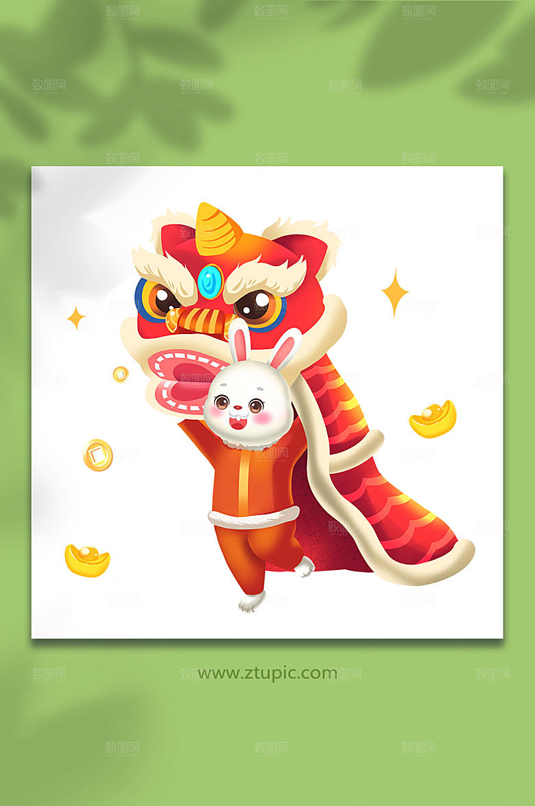 卡通兔子舞狮免扣元素插画