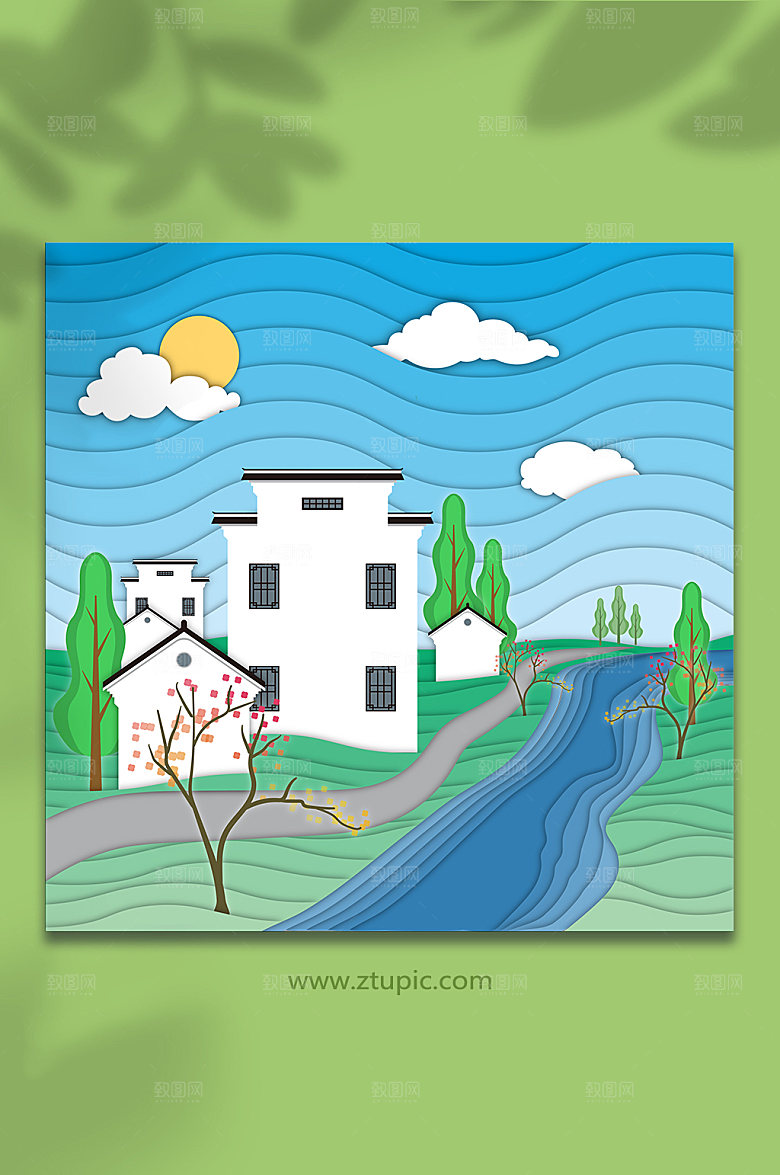 创意剪纸风徽派建筑插画