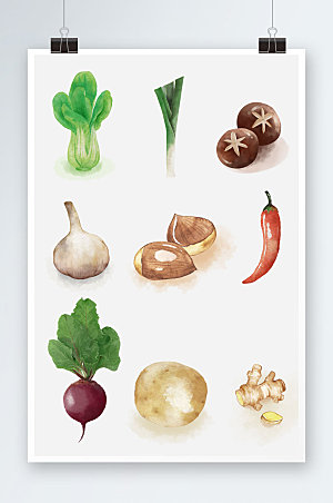 矢量青菜香菇蔬菜元素插画