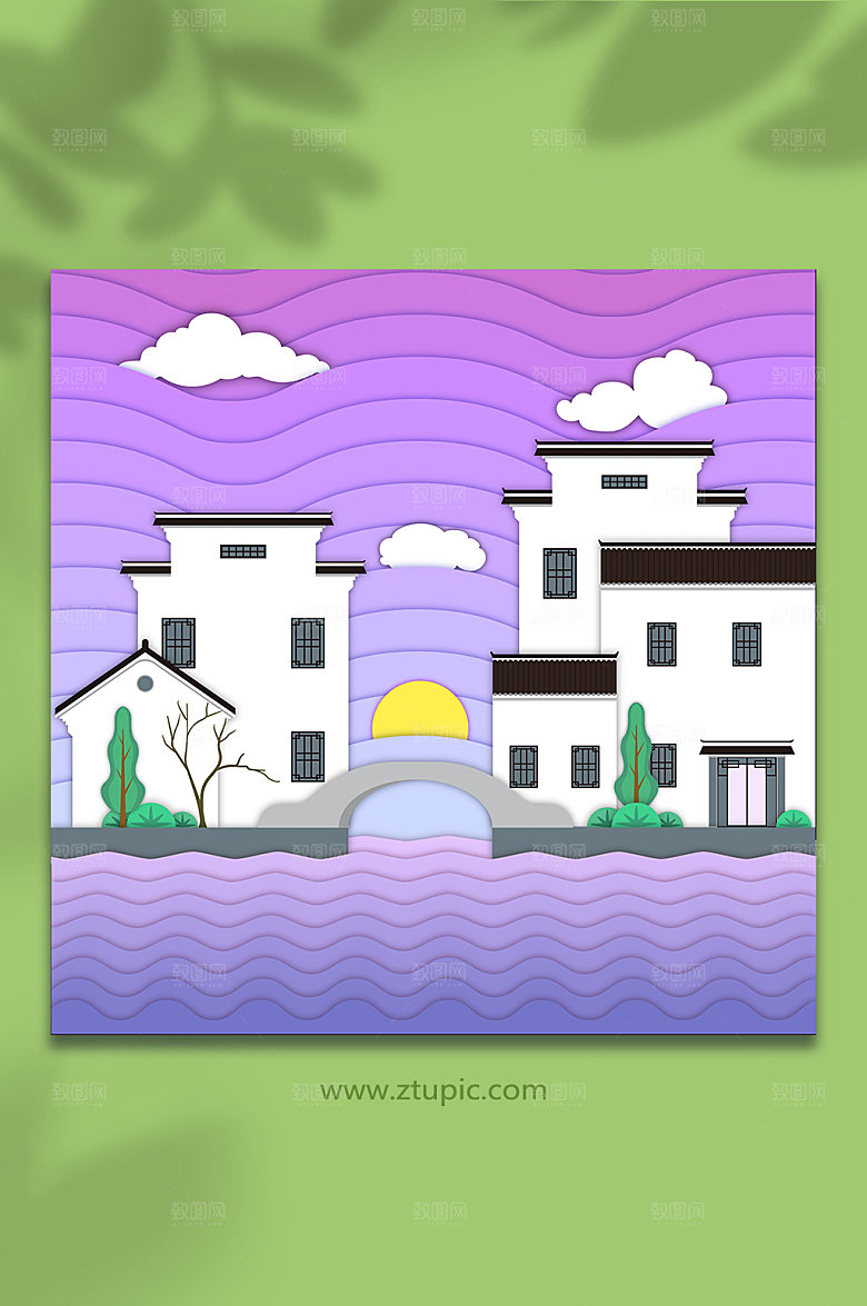 紫色扁平矢量徽派建筑插画