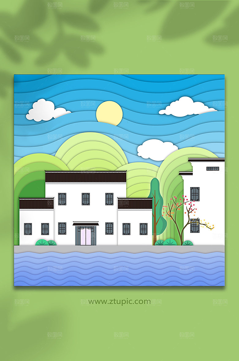 手绘矢量徽派建筑元素插画