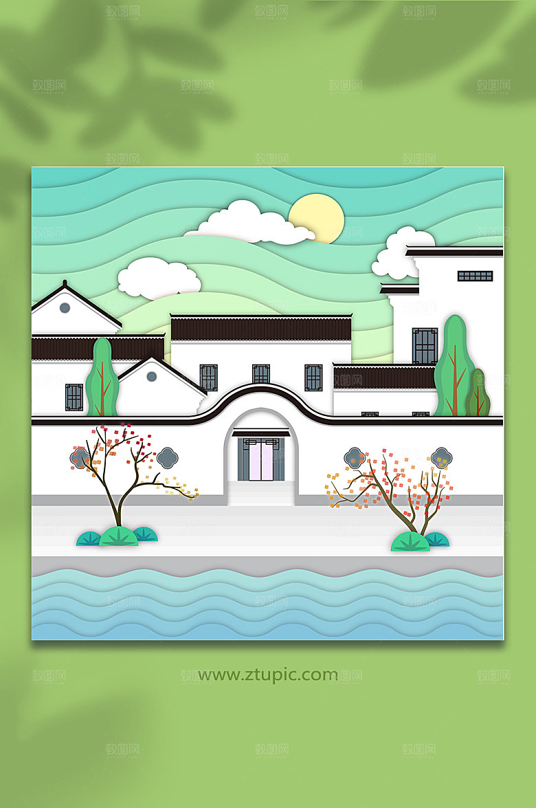 创意大气徽派建筑元素插画