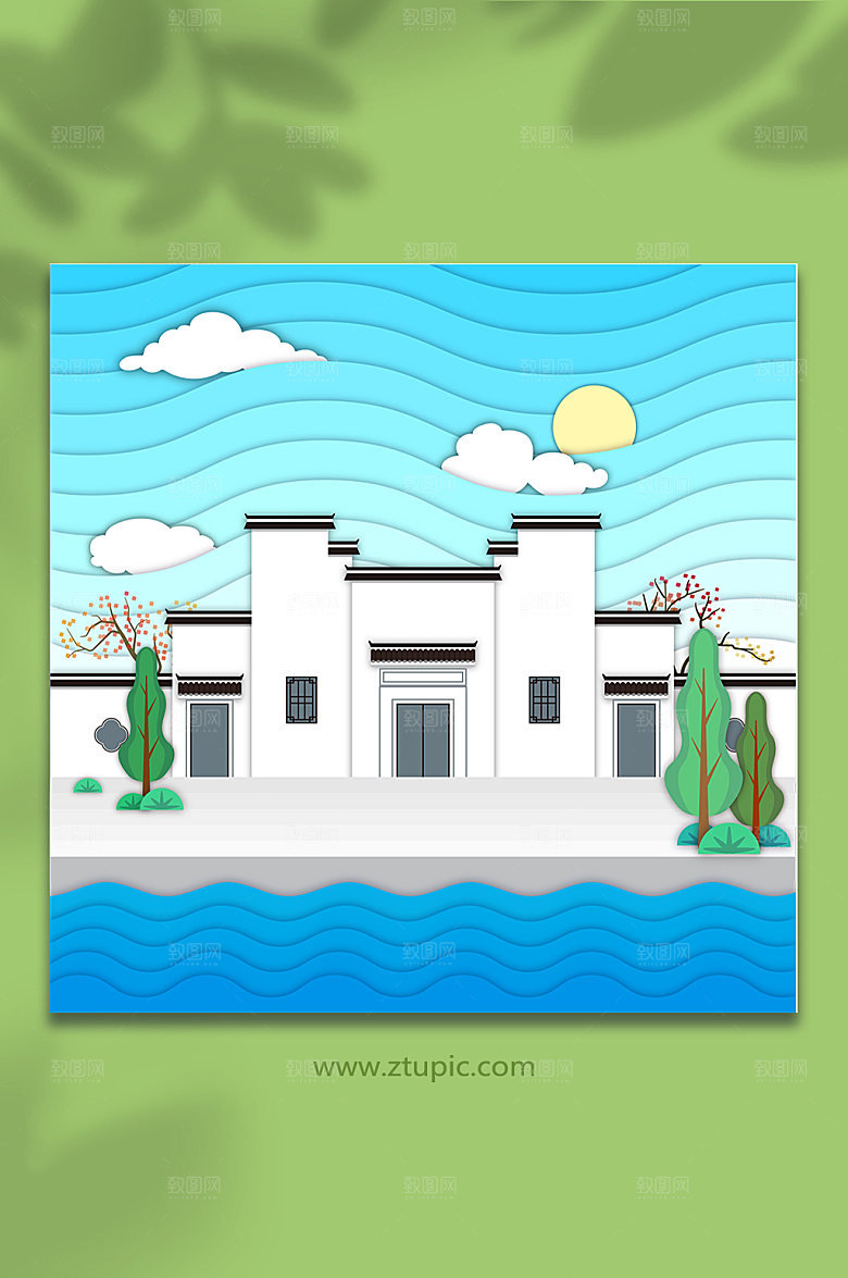 创意徽派建筑元素矢量插画