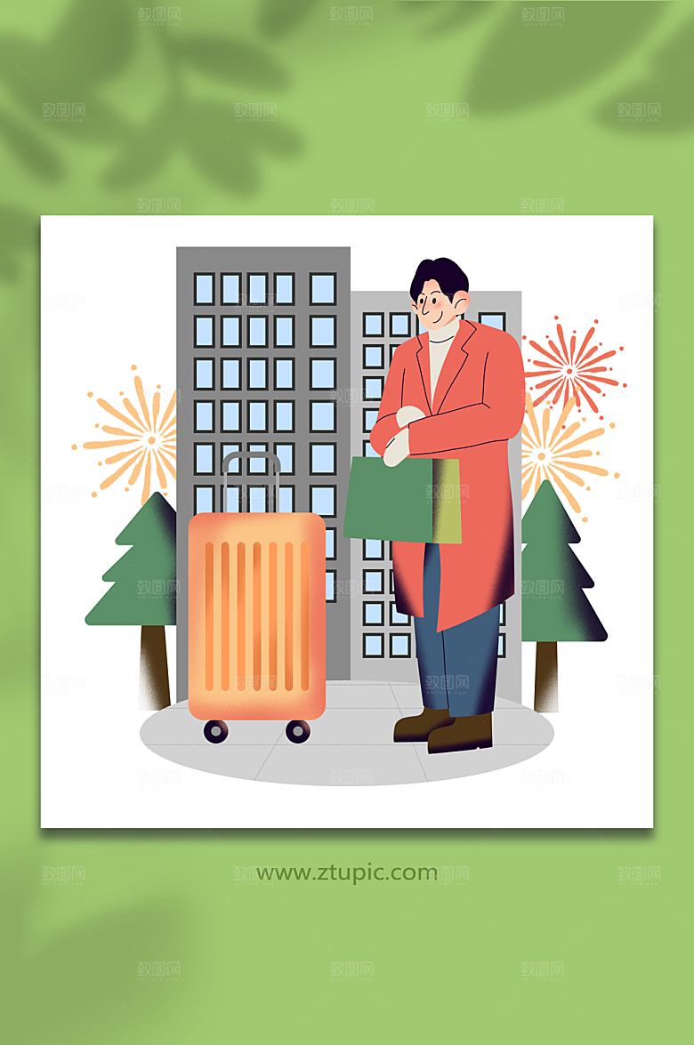 手绘卡通新年春运人物插画