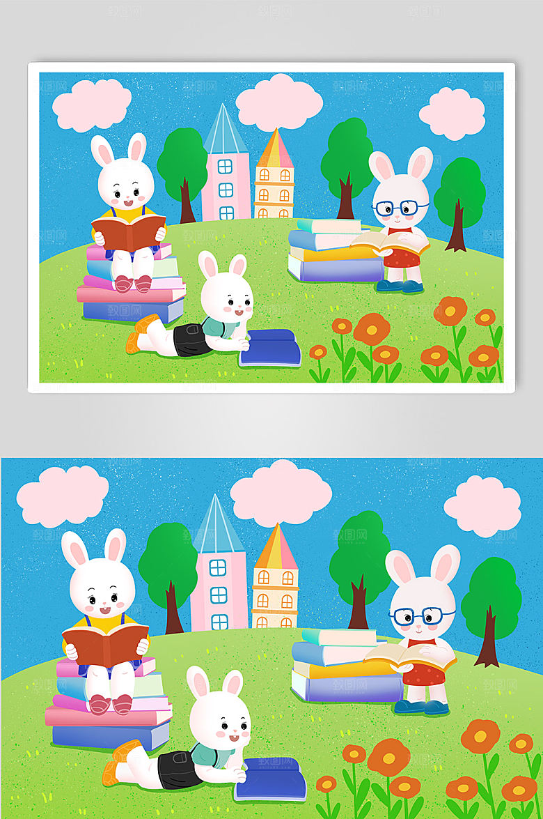 手绘校园兔子学习人物插画