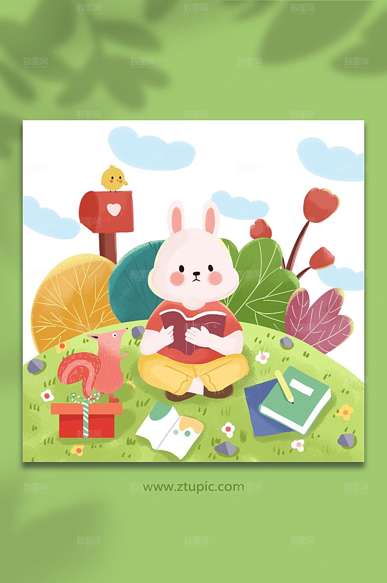 创意卡通校园兔子学习插画
