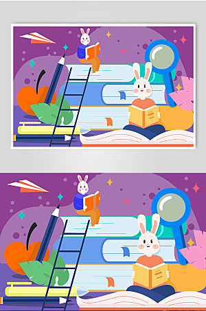 紫色校园兔子学习人物插画