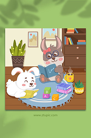 创意校园兔子阅读学习插画