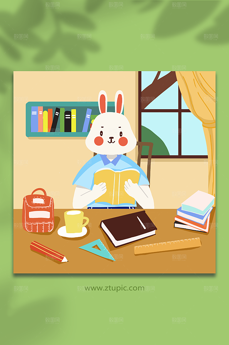 创意校园兔子学习人物插画