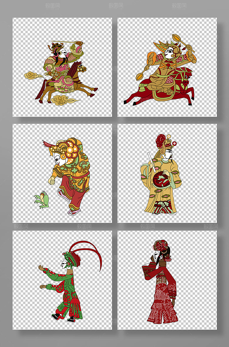 矢量武将门神版皮影戏元素插画
