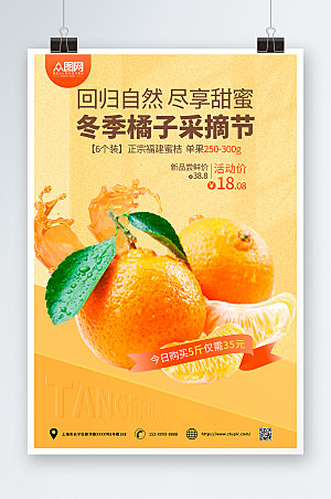 黄色大气橘子桔子水果海报