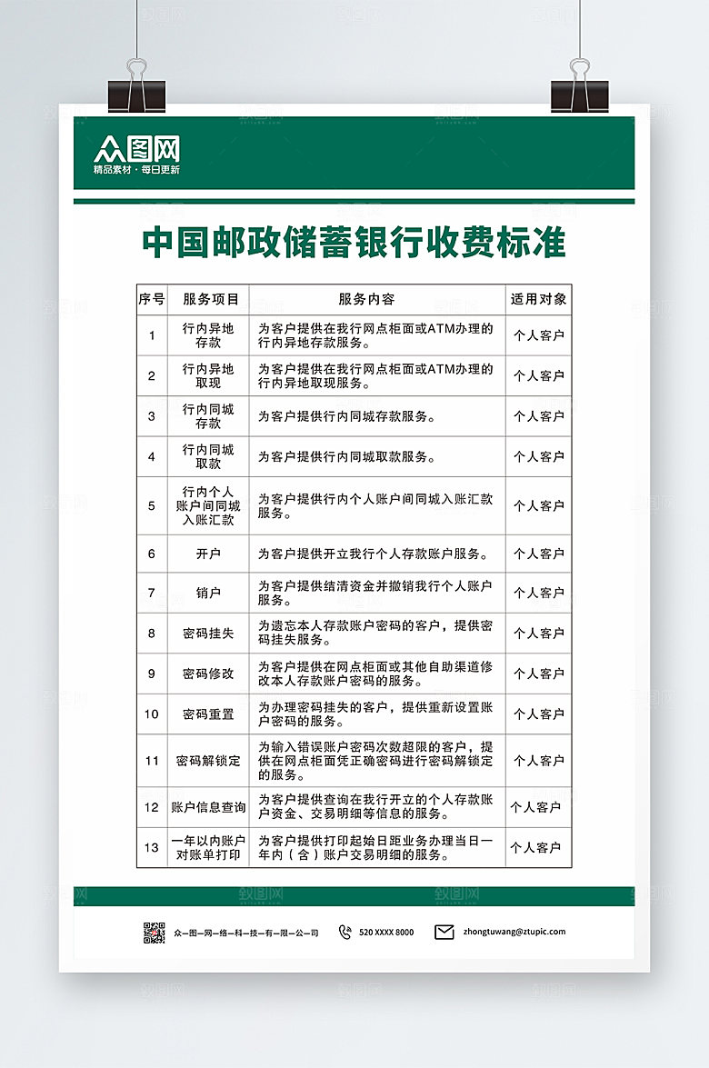简约中国邮政收费标准项目海报