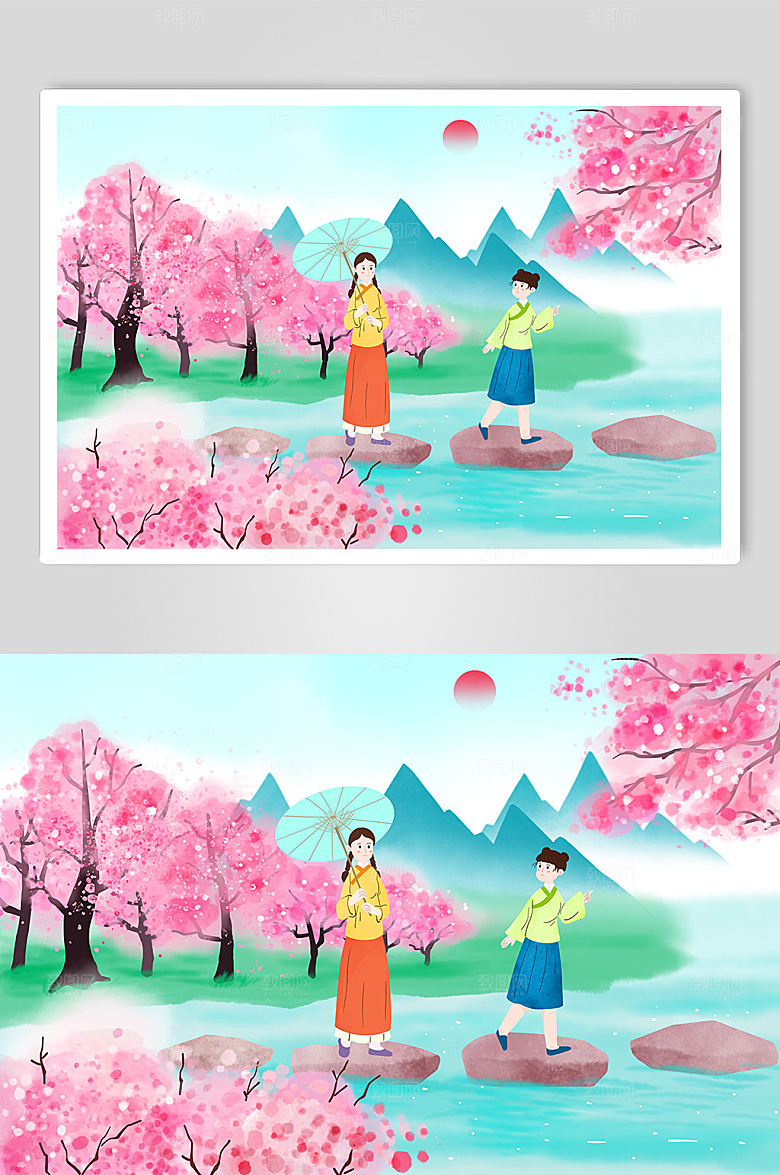 浪漫水墨画春季风景插画