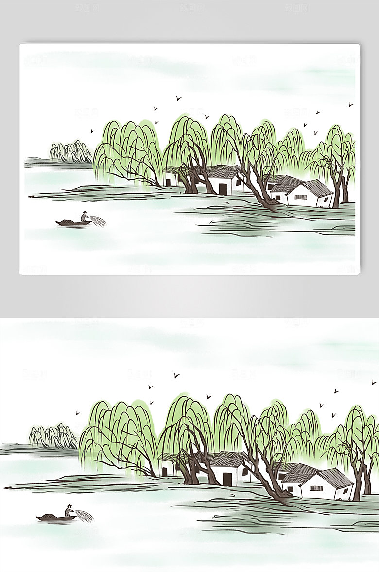 中式简约水墨画春季风景插画