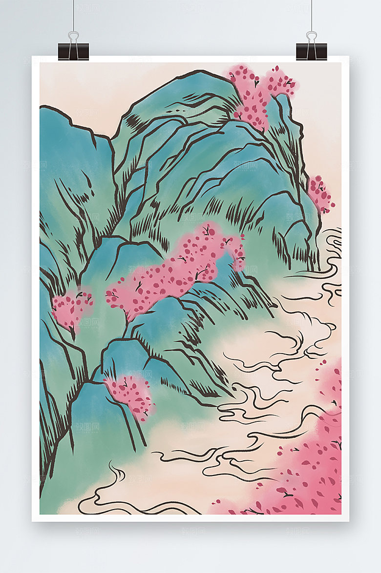 浪漫中国风水墨画春季风景插画