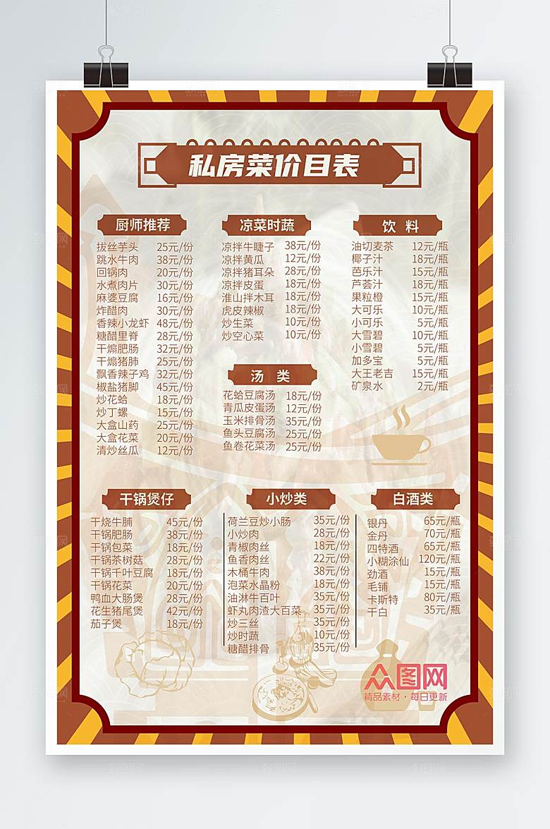 简约私房菜菜单价目表海报
