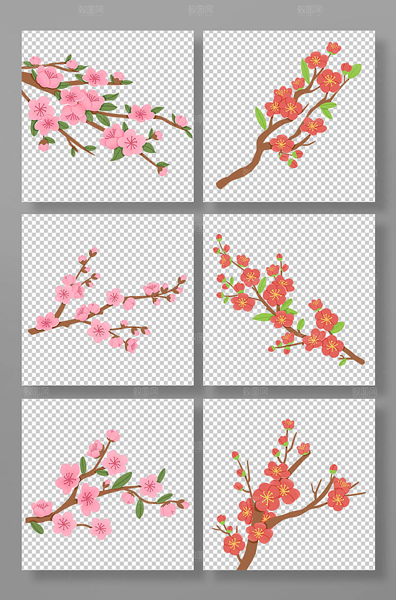 矢量手绘桃花花卉元素插画