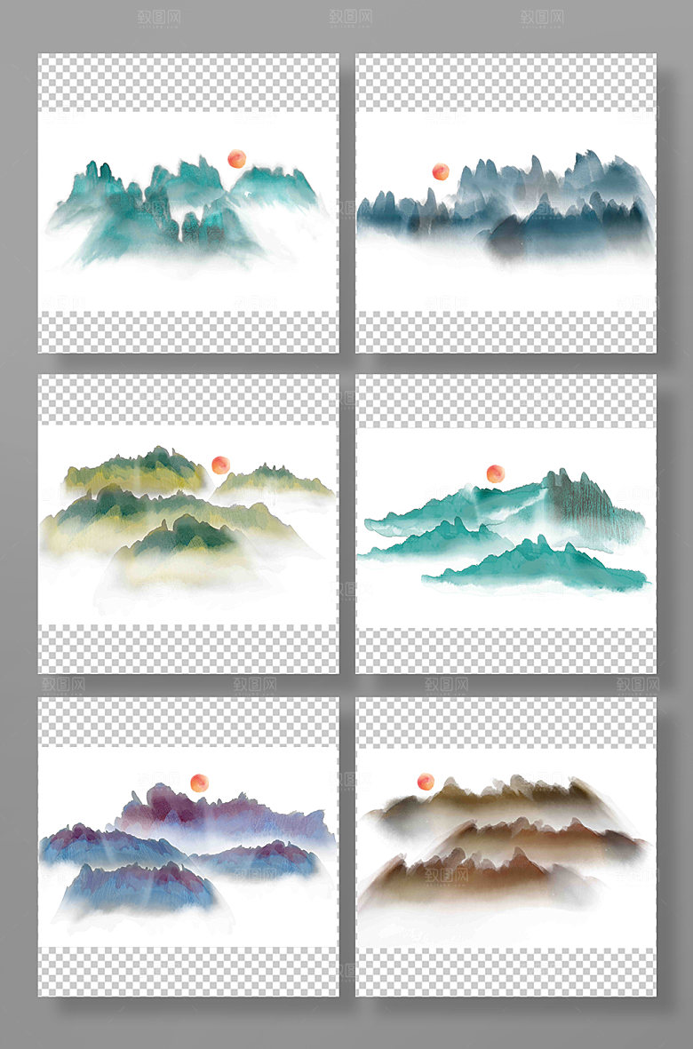 创意水墨山素材山水元素插画
