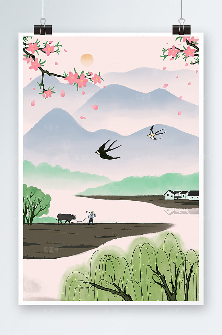 中国风水墨画春季风景插画
