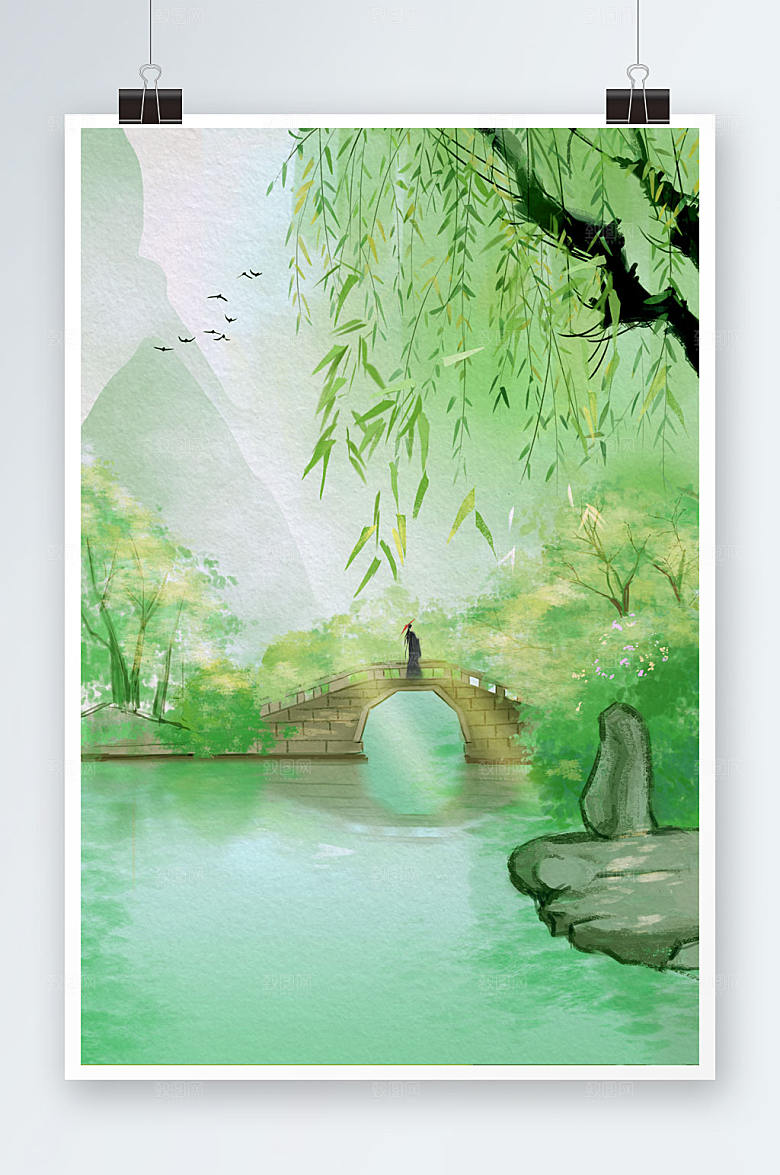 简约水墨风春季风景插画