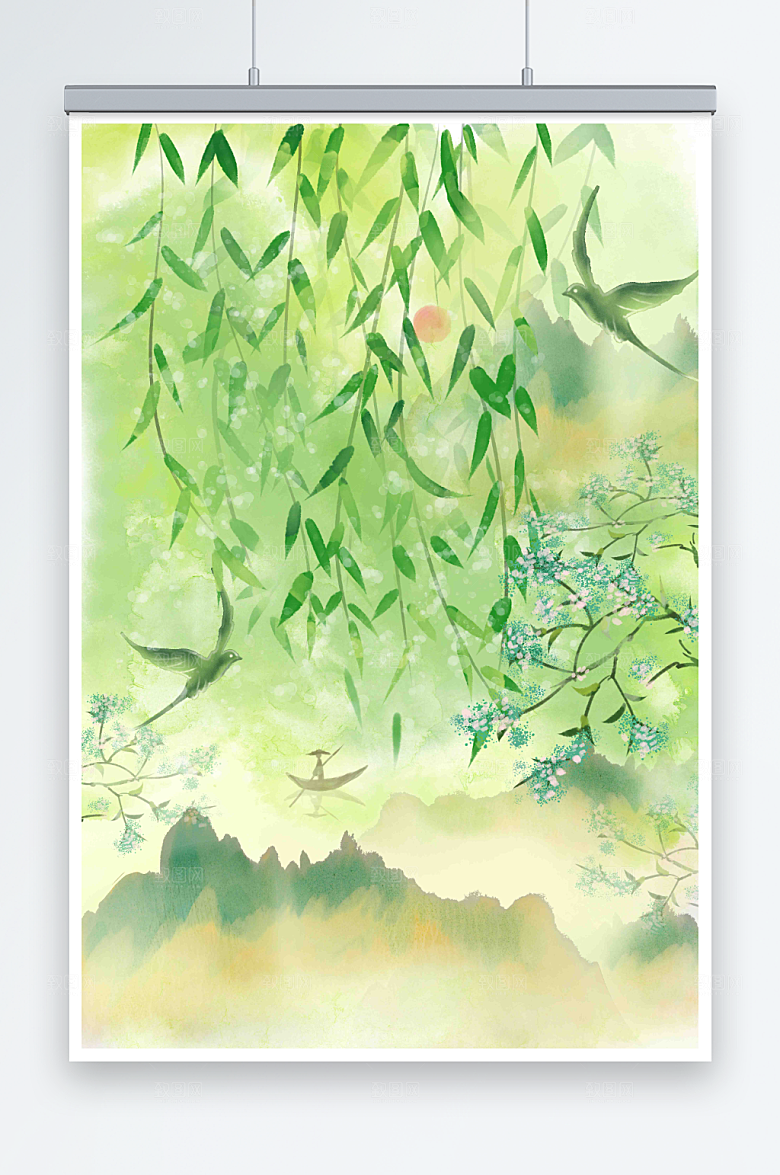 中国风水墨画春季风景插画