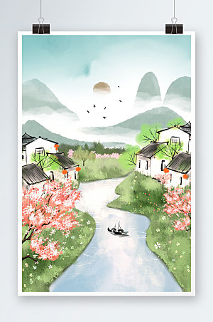 中国风水墨春季风景插画