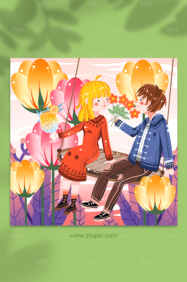 浪漫赏花情人节人物插画