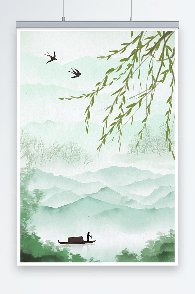 淡雅水墨画春季风景插画