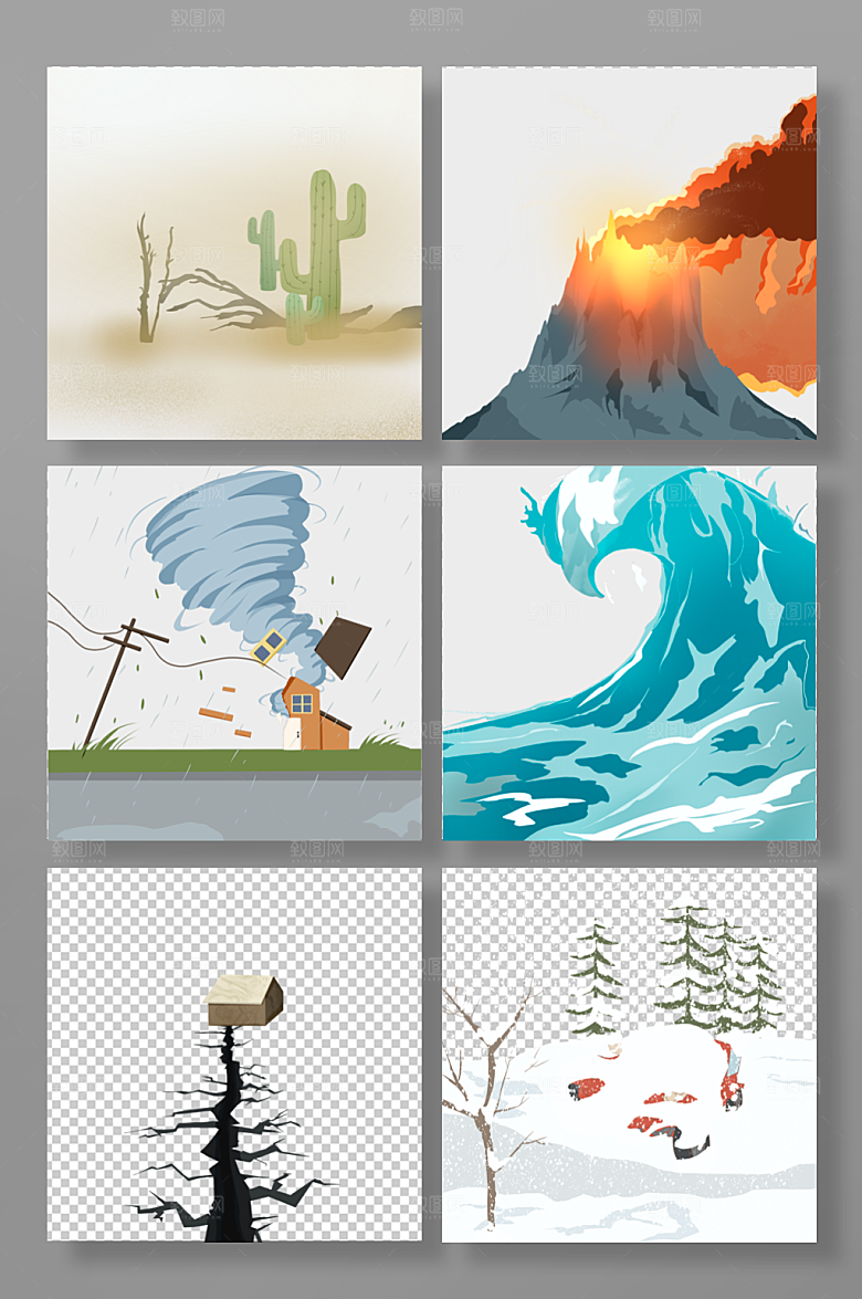 沙暴火山喷发龙卷风海啸雪崩自然灾害插画