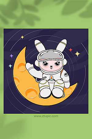 扁平矢量太空宇航兔兔年插画