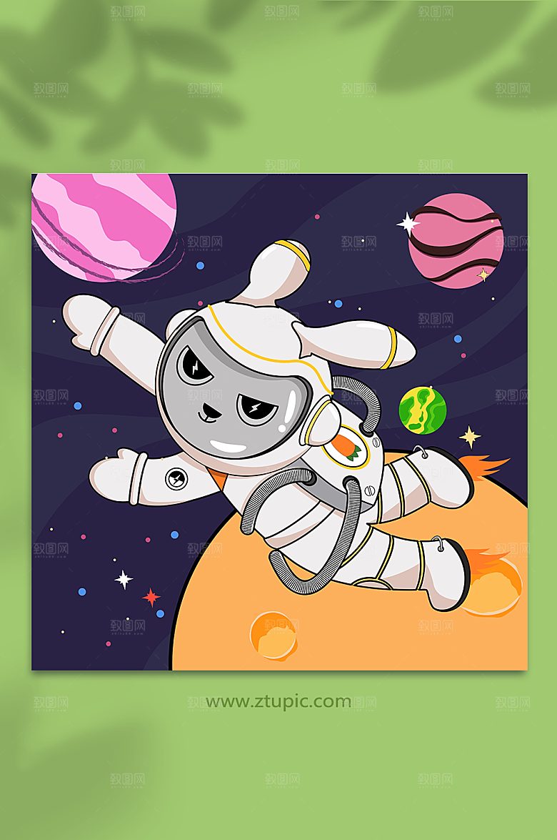 手绘卡通兔年太空宇航插画