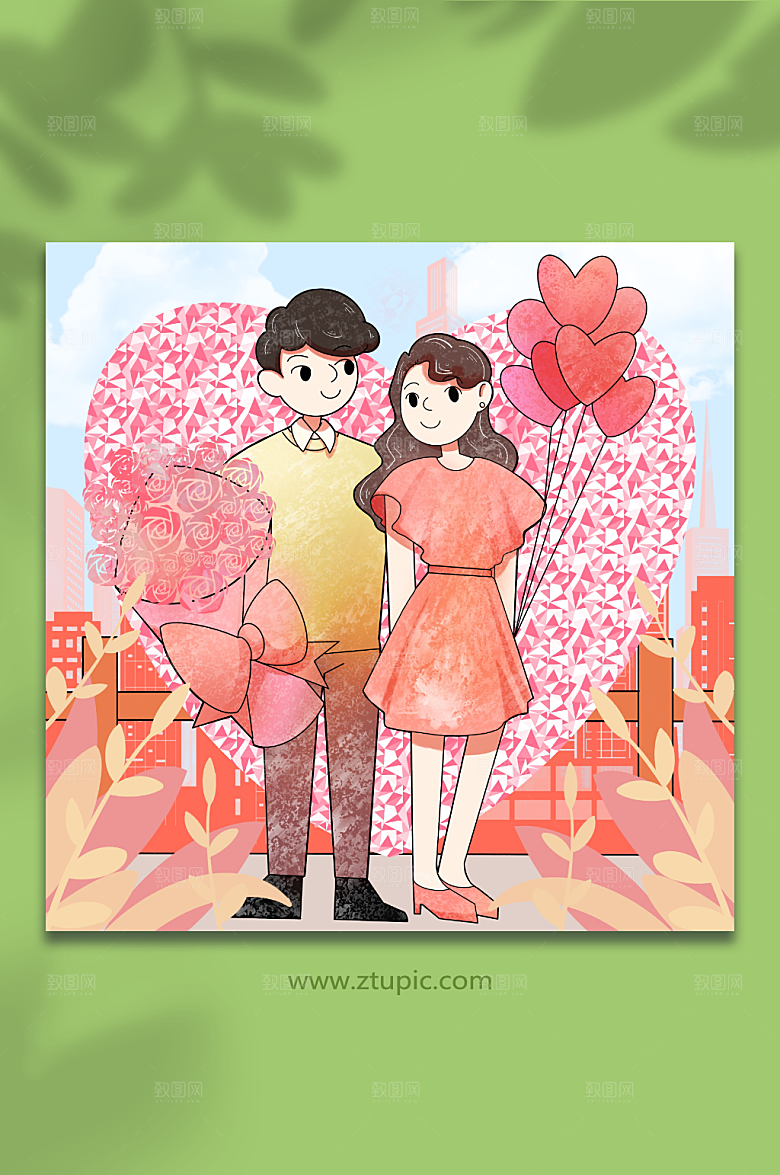浪漫红心情侣情人节人物插画