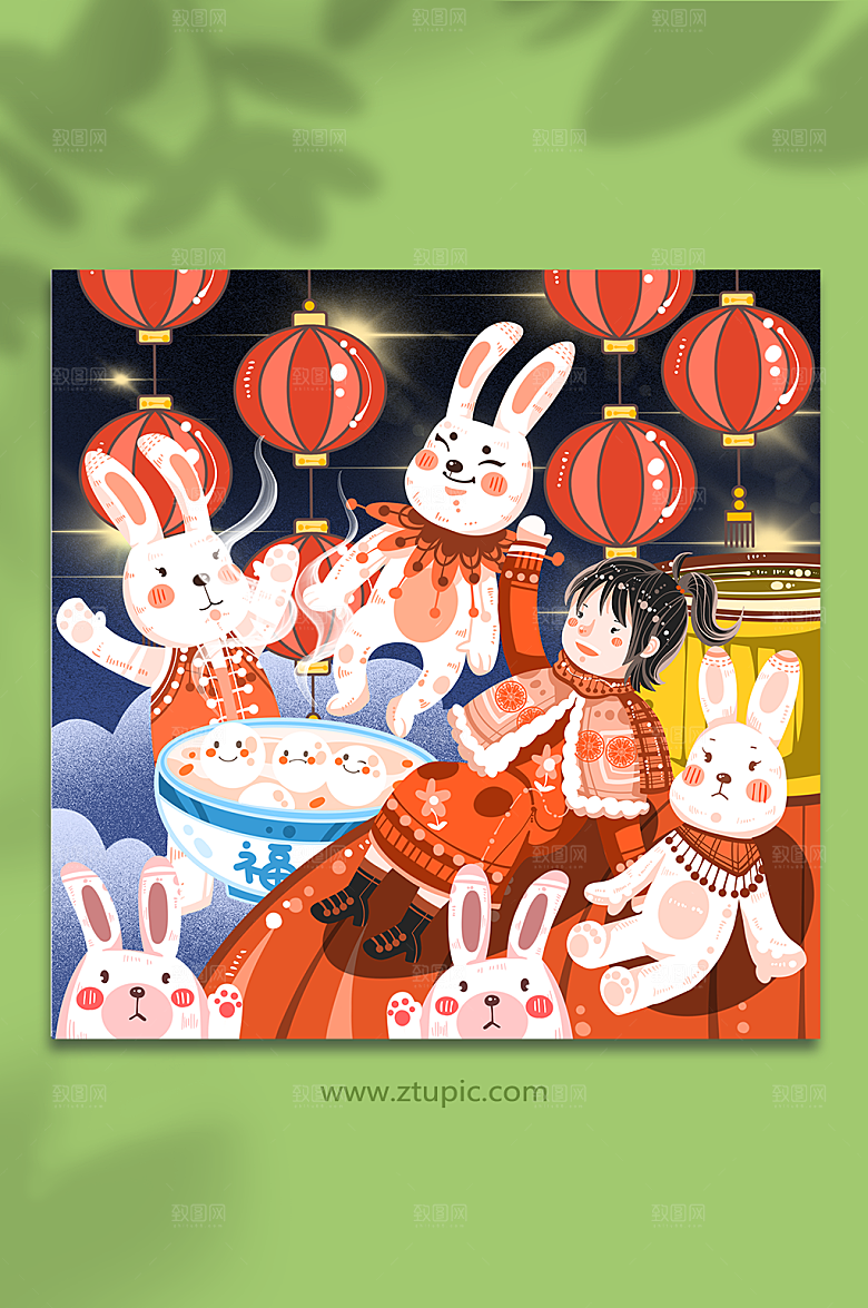 手绘兔子赏花灯汤圆节元宵节人物插画
