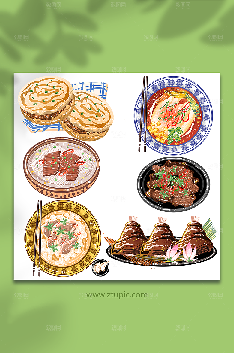 手绘油泼面肉夹馍羊肉泡馍地方美食元素插画