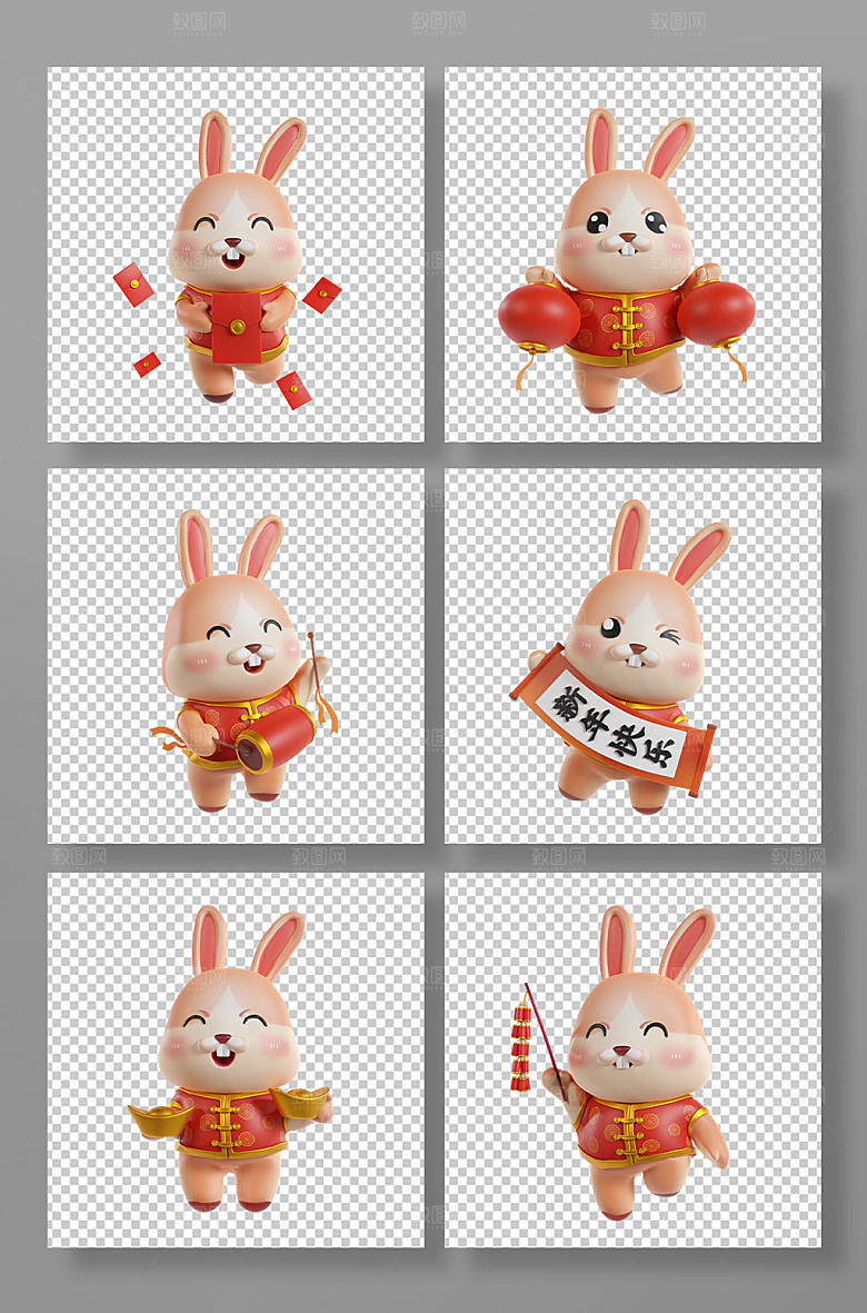 兔年3D兔子立体模型PNG免抠元素