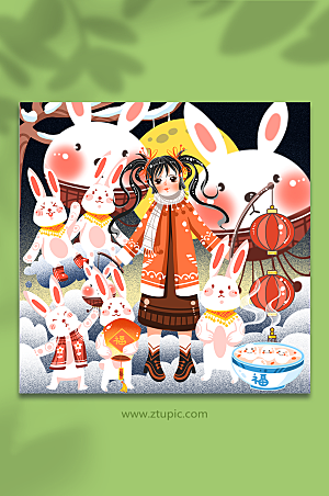 兔年手绘赏花灯兔子汤圆元宵节人物插画