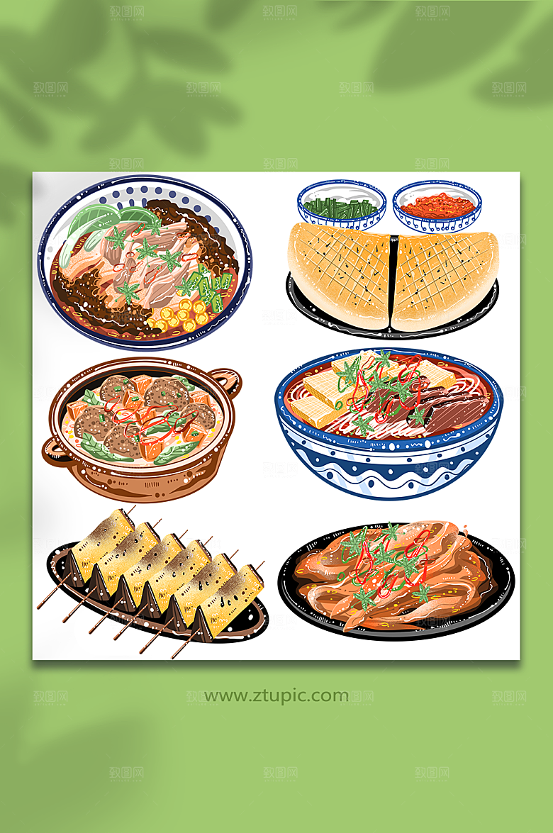 凉皮羊血豆腐甄糕面地方特色美食元素插画
