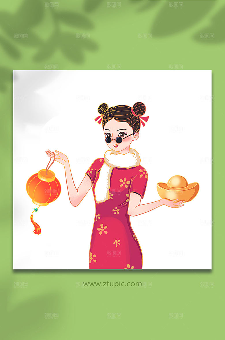 兔年国潮新年旗袍人物元素插画