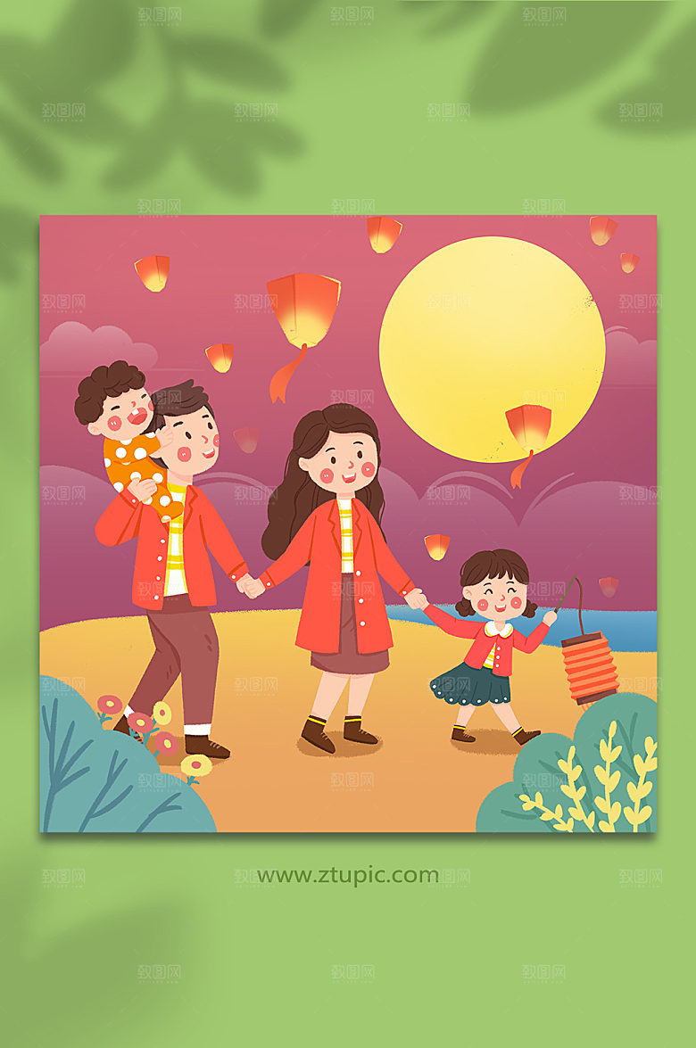 手绘元宵节一家人放孔明灯节日插画