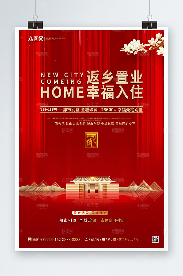 红色高端新年返乡置业地产宣传海报