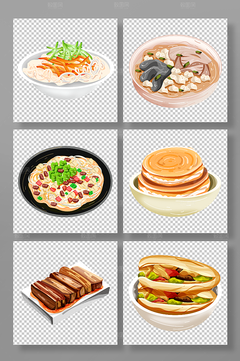 手绘陕西西安地方特色美食元素插画