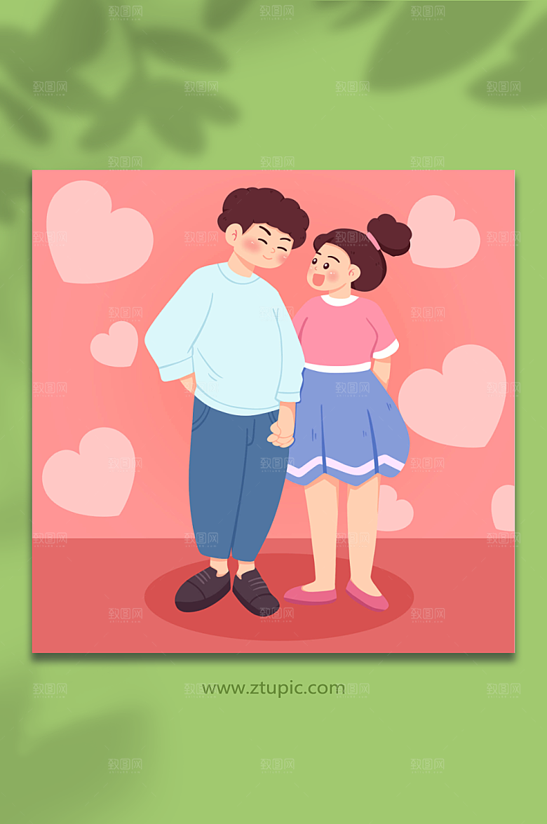 粉色情侣牵手情人节人物插画