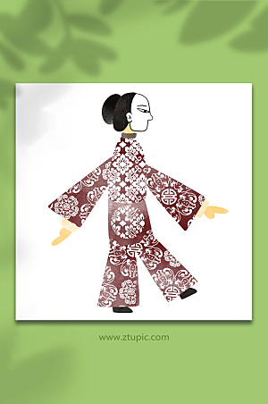 中式传统盘发女精致皮影戏人物元素插画